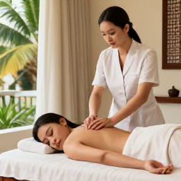 Caribbean Holidays, Cayman Spa Breaks, A professional therapist giving a relaxing massage in an elegant Cayman Islands spa, with natural materials, soft light and tropical greenery