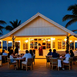 Caribbean Holidays, Cayman Spa Breaks, A relaxed December evening in George Town, Grand Cayman, with waterfront restaurants, warm lights and visitors enjoying the festive atmosphere