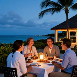 Caribbean Holidays, Cayman Spa Breaks, A relaxed outdoor dinner in Grand Cayman at dusk, featuring fresh seafood, tropical scenery and warm lantern light