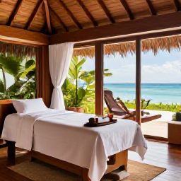 Caribbean Holidays, Cayman Spa Breaks, A serene Cayman Islands spa treatment room with natural wood, white linens, tropical greenery and views towards the sea
