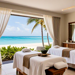 Caribbean Holidays, Cayman Spa Breaks, A tranquil luxury spa beside a turquoise Caribbean sea in the Cayman Islands, January sunshine, palm trees and elegant treatment rooms