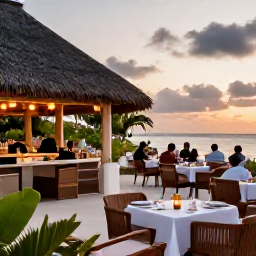 Caribbean Holidays, Cayman Spa Breaks, An elegant beachfront restaurant in the Cayman Islands at sunset, with relaxed diners, tropical plants and Caribbean dishes