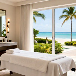 Caribbean Holidays, Cayman Spa Breaks, An elegant Cayman Islands spa treatment room with natural light, tropical greenery, soft towels and a view towards the sea