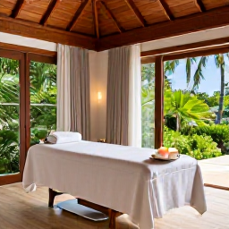 Caribbean Holidays, Cayman Spa Breaks, An elegant Cayman Islands spa treatment room with natural wood, soft towels, candles and a view of tropical greenery