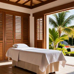Caribbean Holidays, Cayman Spa Breaks, An elegant Cayman Islands spa treatment room with natural wood, white linens, tropical greenery and sunlight filtering through shutters