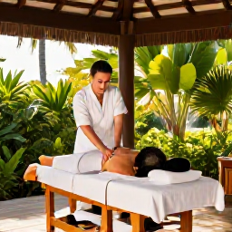 Caribbean Holidays, Cayman Spa Breaks, An outdoor Caribbean spa treatment pavilion surrounded by tropical greenery, with a relaxed guest enjoying a massage in warm January light