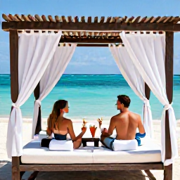 Caribbean Holidays, Cayman Spa Breaks, Couple enjoying a peaceful beachfront spa day in Grand Cayman, with a shaded cabana, tropical drinks and clear blue water