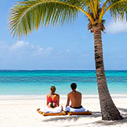 Caribbean Holidays, Cayman Spa Breaks, Couple enjoying a peaceful beachfront spa experience beneath palm trees on Seven Mile Beach, Grand Cayman