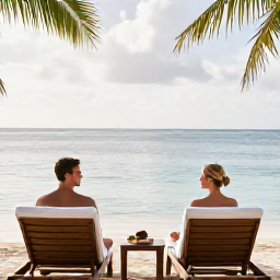 Caribbean Holidays, Cayman Spa Breaks, Couple enjoying a peaceful beachfront spa moment on Grand Cayman, with loungers, calm water and tropical sunshine