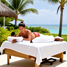 Caribbean Holidays, Cayman Spa Breaks, Couple enjoying a relaxing spa treatment at a stylish Cayman Islands resort, with tropical greenery and calm Caribbean colours