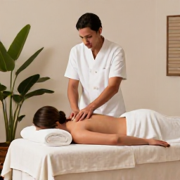 Caribbean Holidays, Cayman Spa Breaks, Couple receiving a relaxing massage at a stylish Cayman Islands resort spa, with tropical plants and soft neutral decor