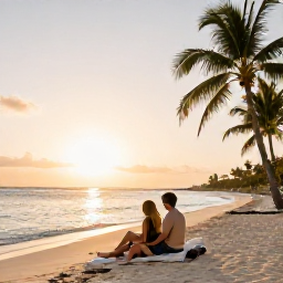 Caribbean Holidays, Cayman Spa Breaks, Couple relaxing on Seven Mile Beach in Grand Cayman at sunset, with soft golden light, calm sea and palm trees