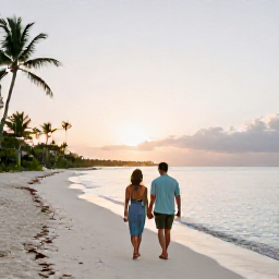 Caribbean Holidays, Cayman Spa Breaks, Couple walking barefoot along Seven Mile Beach in Grand Cayman at sunset, with calm water and a peaceful tropical atmosphere