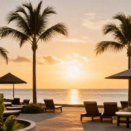 Caribbean Holidays, Cayman Spa Breaks, Elegant Cayman Islands resort spa at sunset, with an outdoor relaxation area, palm trees and warm golden light