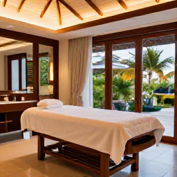 Caribbean Holidays, Cayman Spa Breaks, Elegant Cayman Islands spa resort interior with treatment room, natural wood, white towels and views towards a tropical garden