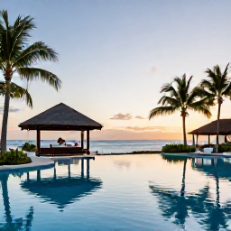 Caribbean Holidays, Cayman Spa Breaks, Elegant Cayman Islands spa resort pool surrounded by palms, with a treatment pavilion and Caribbean sunset