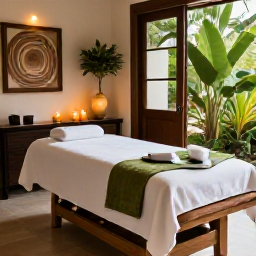 Caribbean Holidays, Cayman Spa Breaks, Elegant Cayman Islands spa treatment room with natural materials, candles, fresh towels and tropical greenery