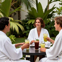Caribbean Holidays, Cayman Spa Breaks, Friends relaxing with robes and herbal drinks in a tranquil Caribbean spa garden in Grand Cayman