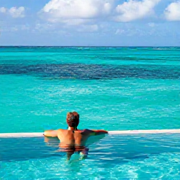 Caribbean Holidays, Cayman Spa Breaks, Happy traveller relaxing beside an infinity pool on Grand Cayman, looking towards a bright turquoise sea
