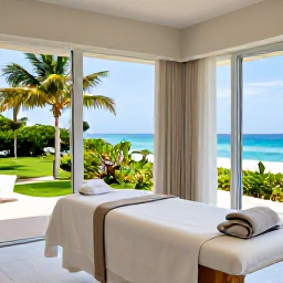 Caribbean Holidays, Cayman Spa Breaks, Luxury beachfront spa treatment room in Grand Cayman with natural light, tropical greenery and calm Caribbean colours
