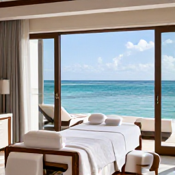 Caribbean Holidays, Cayman Spa Breaks, Luxury spa treatment room overlooking a calm turquoise Caribbean sea in Grand Cayman, soft April sunlight