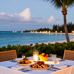 Caribbean Holidays, Cayman Spa Breaks, Outdoor dining table beside the Caribbean sea in Grand Cayman, featuring fresh seafood, tropical fruit and relaxed evening lighting