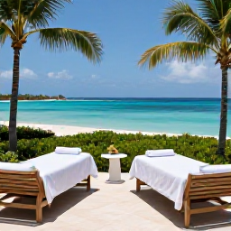Caribbean Holidays, Cayman Spa Breaks, Outdoor spa terrace overlooking Seven Mile Beach in October, with treatment beds, palm trees and turquoise water