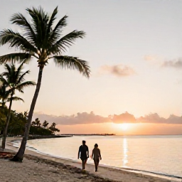 Caribbean Holidays, Cayman Spa Breaks, Quiet Grand Cayman beach at sunset with palm trees, calm water and a couple walking beside the sea