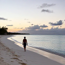 Caribbean Holidays, Cayman Spa Breaks, Quiet Seven Mile Beach in Grand Cayman at sunrise, with a guest walking barefoot along white sand beside calm turquoise water