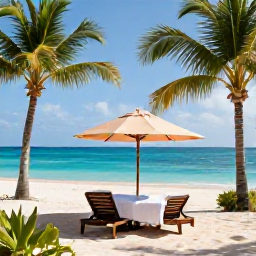 Caribbean Holidays, Cayman Spa Breaks, Relaxing beachfront spa treatment at a luxury resort in Grand Cayman, with palm trees, turquoise sea and soft May sunshine