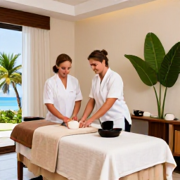 Caribbean Holidays, Cayman Spa Breaks, Spa therapists preparing a calming treatment room with natural materials, soft towels and tropical greenery in a Cayman Islands resort