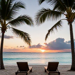 Caribbean Holidays, Cayman Spa Breaks, Sunset over a peaceful Cayman Islands beach with two loungers, palm silhouettes and a calm turquoise sea