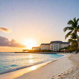 Caribbean Holidays, Cayman Spa Breaks, Sunset over a tranquil Cayman Islands beach with a luxury resort and spa in the background