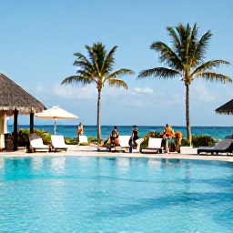 Caribbean Holidays, Cayman Spa Breaks, Visitors relaxing beside a calm swimming pool near Seven Mile Beach in Grand Cayman, with December sunshine, loungers and palm trees