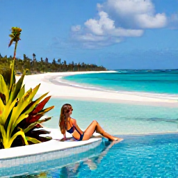 Caribbean Holidays, Cayman Spa Breaks, Woman relaxing beside a tranquil infinity pool overlooking Seven Mile Beach in Grand Cayman, with tropical plants and clear blue water