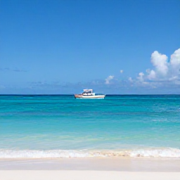 Caribbean Holidays, Cayman Tours May, A bright morning scene at Seven Mile Beach in Grand Cayman, with calm turquoise water, white sand and a small tour boat offshore