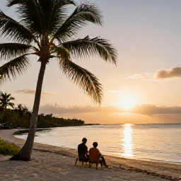 Caribbean Holidays, Cayman Tours May, A couple enjoying a peaceful sunset on a Cayman Islands beach, with palm trees, calm sea and warm golden light
