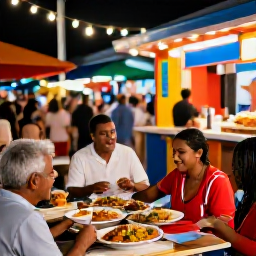 Caribbean Holidays, Cayman Tours May, A friendly evening food tour in George Town, Grand Cayman, with local seafood dishes, colourful market stalls and softly lit streets