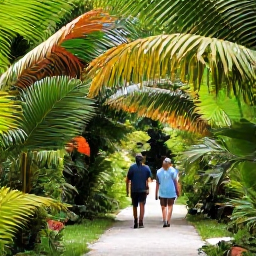 Caribbean Holidays, Cayman Tours May, Visitors walking through a tropical nature trail in Grand Cayman, surrounded by palms, dense green foliage and native birds