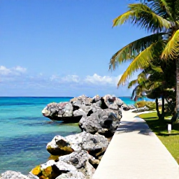 Caribbean Holidays, Cayman Walking Holidays, A coastal walking trail beside clear turquoise water in Grand Cayman, with limestone rocks, palms and bright January sunshine