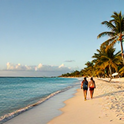 Caribbean Holidays, Cayman Walking Holidays, A couple walking along a bright Cayman Islands beach at sunrise, with calm turquoise water, white sand and palm trees