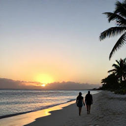 Caribbean Holidays, Cayman Walking Holidays, A couple walking along a quiet beach at sunset in the Cayman Islands, with calm Caribbean Sea and palm trees
