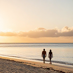 Caribbean Holidays, Cayman Walking Holidays, A couple walking along a quiet Caribbean beach at sunrise on Grand Cayman, with calm sea and soft golden light