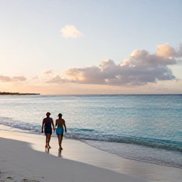 Caribbean Holidays, Cayman Walking Holidays, A couple walking along Seven Mile Beach in Grand Cayman at sunrise, with calm turquoise water and soft golden light