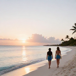Caribbean Holidays, Cayman Walking Holidays, A couple walking beside the calm Caribbean Sea on Seven Mile Beach in Grand Cayman at sunset