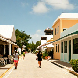 Caribbean Holidays, Cayman Walking Holidays, A friendly Caribbean village street in the Cayman Islands with pastel buildings, local caf&eacute;s and walkers exploring in warm July sunshine