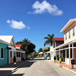 Caribbean Holidays, Cayman Walking Holidays, A friendly Cayman Islands village street with colourful buildings, local shops and walkers in warm November weather