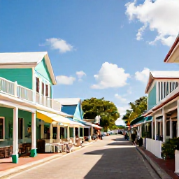 Caribbean Holidays, Cayman Walking Holidays, A friendly Cayman Islands village street with pastel buildings, local caf&eacute;s and walkers exploring in warm December sunshine
