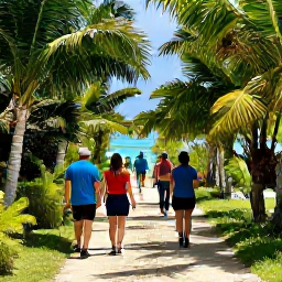 Caribbean Holidays, Cayman Walking Holidays, A friendly group of walkers enjoying a shaded Cayman Islands trail, with tropical greenery and glimpses of the Caribbean Sea