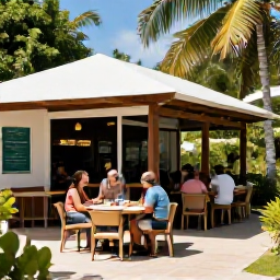 Caribbean Holidays, Cayman Walking Holidays, A friendly outdoor caf&eacute; beside a Cayman Islands walking route, with walkers relaxing after a tropical morning hike